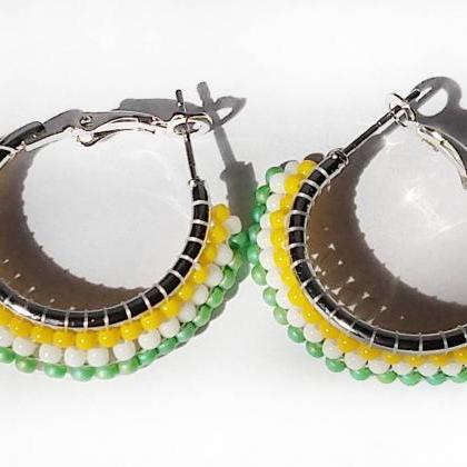 Beaded Hoop Earring White And Colorful Seed Bead..