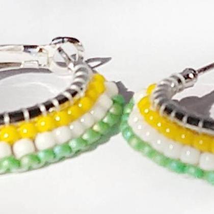 Beaded Hoop Earring White And Colorful Seed Bead..