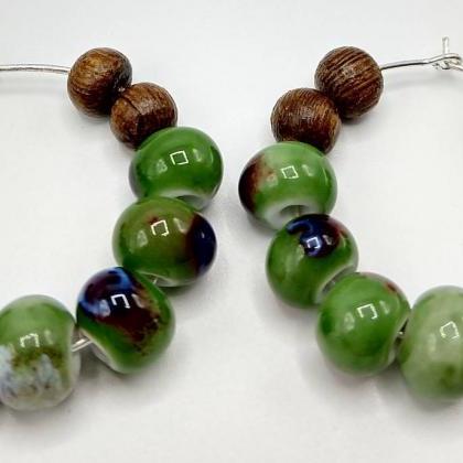 Porcelain Bead Earrings Beaded Hoop Earrings Green..