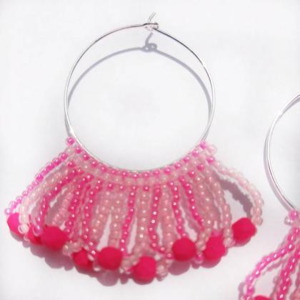 Beaded Tassle Earrings Pink Earrings Beaded Hoop..