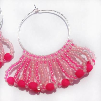 Beaded Tassle Earrings Pink Earrings Beaded Hoop..