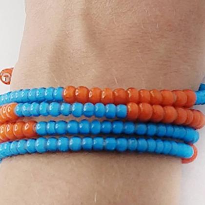 Blue Orange Memory Wire Bracelet Glass Beads..