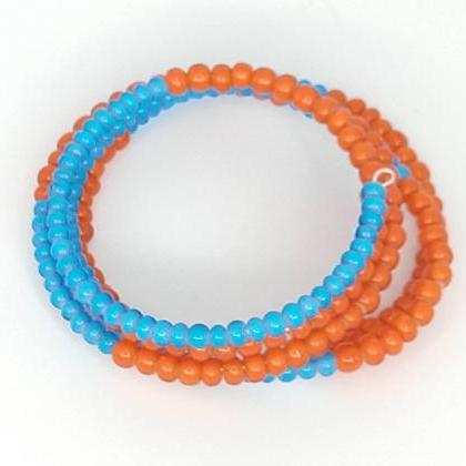 Blue Orange Memory Wire Bracelet Glass Beads..