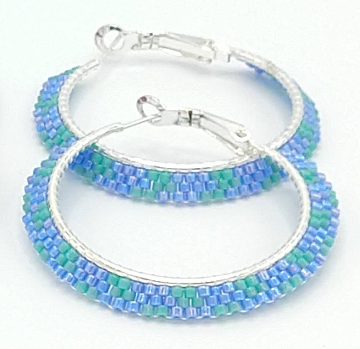 Beaded Hoops Beaded Earrings Hoop Earrings Blue And Turquoise Earrings Seed Bead Earrings Seed Bead Jewelry Beaded Jewelry Boho Hoops