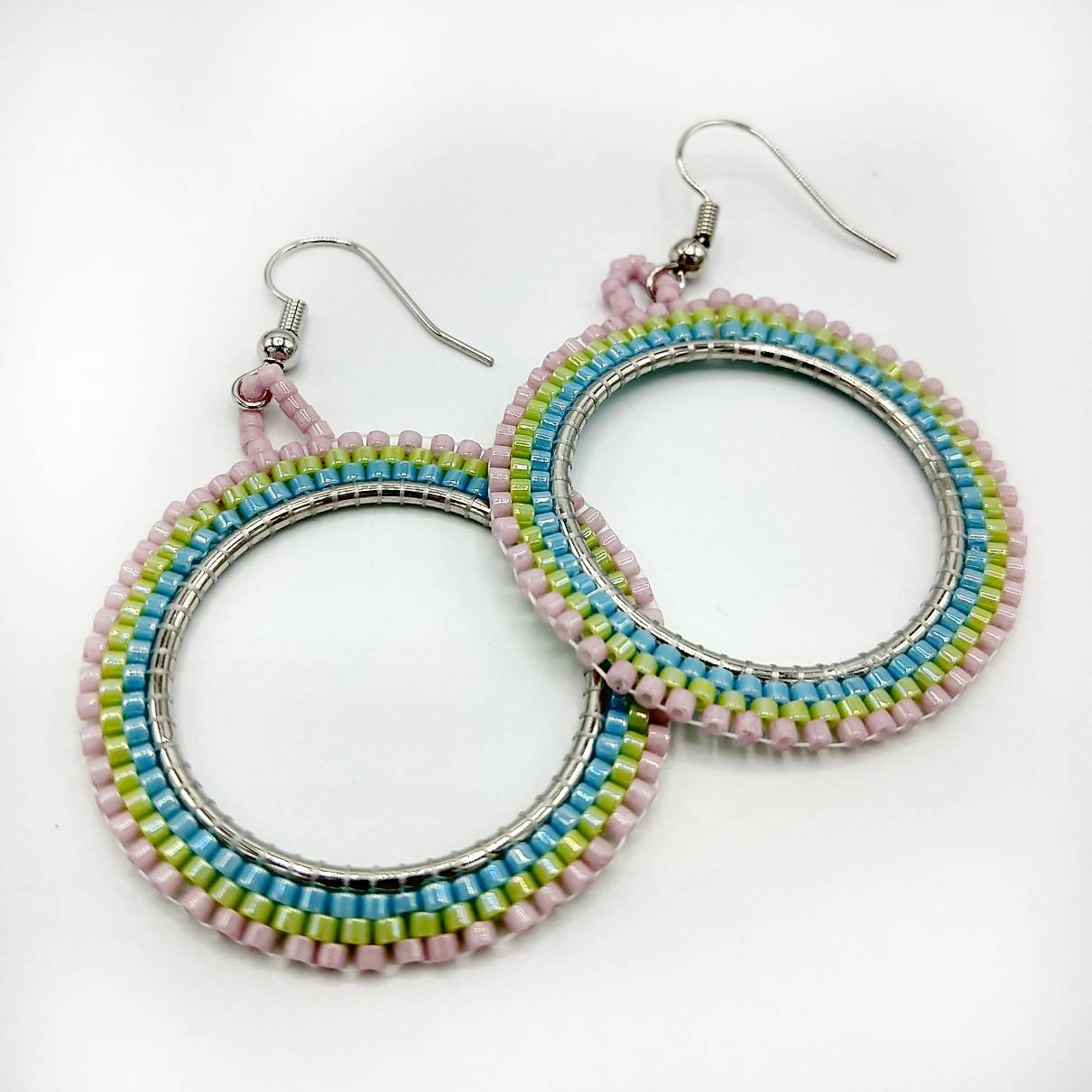 Beaded Hoop Earrings Spring Colors Neon Blue Chartreuse Rose Pink Statement Earrings Beaded Earrings Beaded Jewelry Boho Earrings Aesthetic