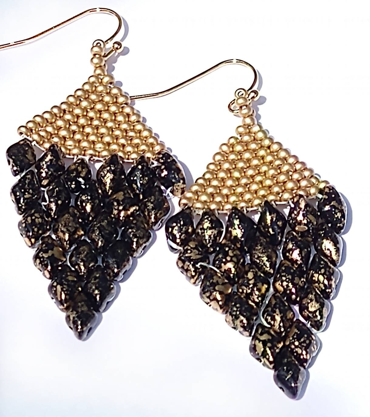 Black And Gold Earrings Beaded Earrings Beaded Tassle Earrings Gold Earrings Black Earrings Czech Glass Beads Seed Bead Jewelry Elegant