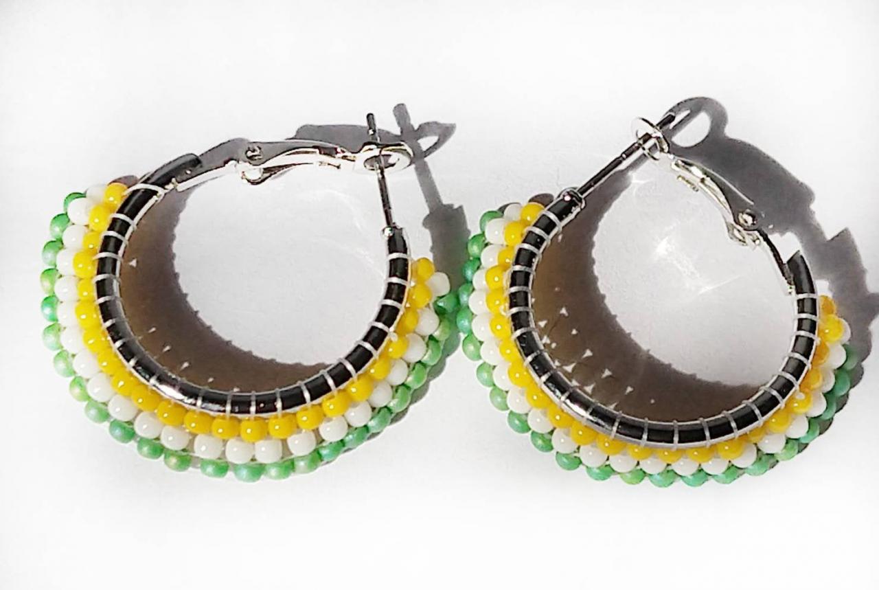 Beaded Hoop Earring White And Colorful Seed Bead Hoop Multicolor Beaded Hoop Seed Bead Earrings Bohemian Earrings Bohemian Beaded Hoops