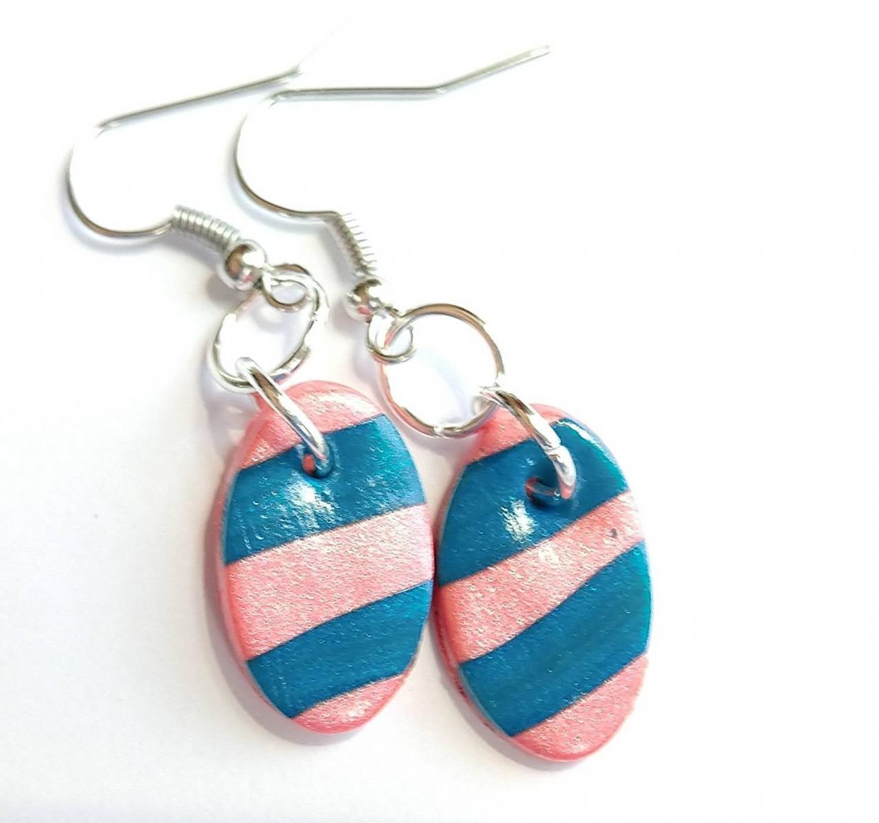 Handmade Polymer Clay Earrings Polymer Clay Earrings Striped Earrings Pink Earrings Turquoise Blue Earrings
