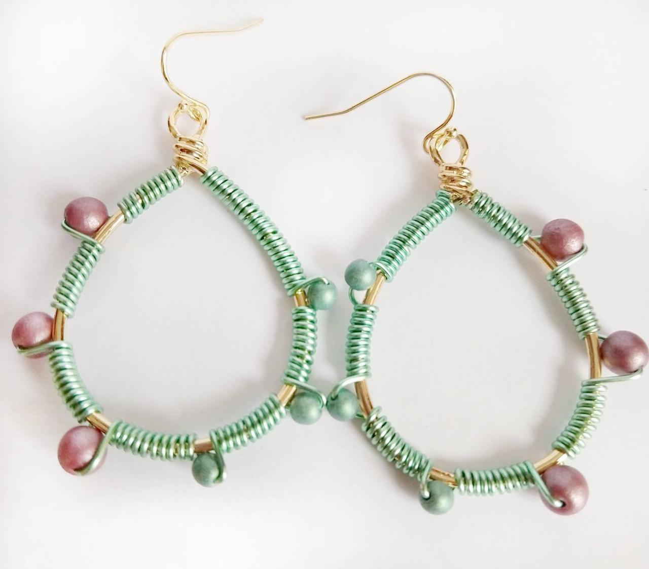 Wire Wrapped Beaded Earrings Wire Wrapped Earrings Pink Earrings Green Earrings Oval Earrings Boho Jewelry Boho Earrings Boho Chic