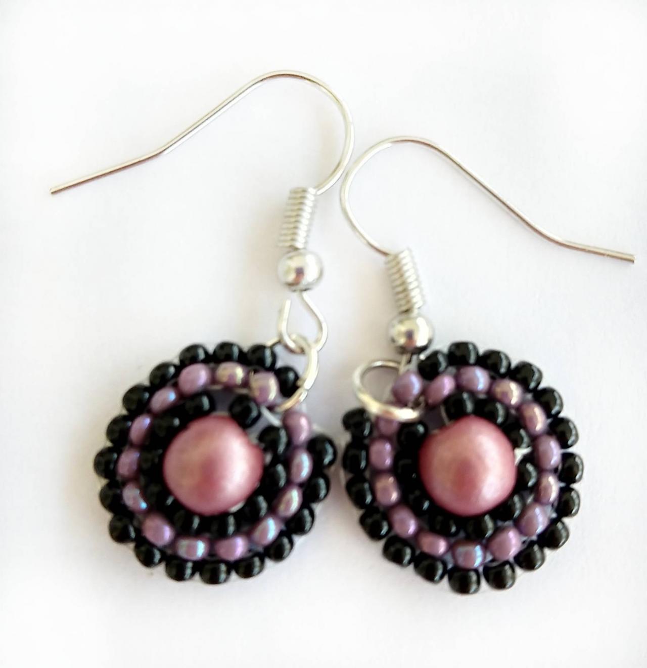 Beaded Earrings Pink Beaded Earrings Purple Beaded Earrings Black Beaded Earrings Circular Beaded Earrings Boho Chic Earrings