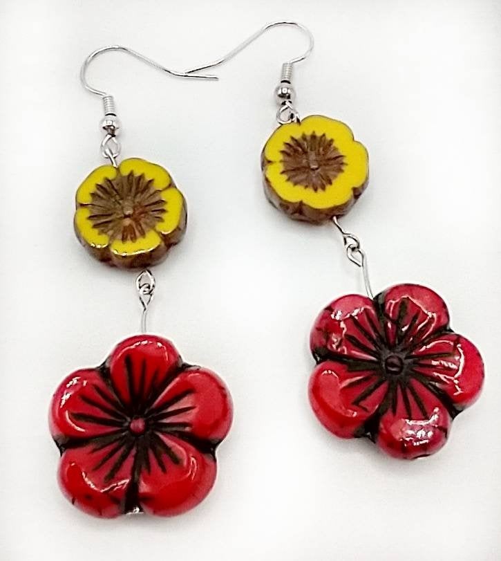 Czech Glass Earrings Glass Bead Earrings Flower Earrings Floral Earrings Summer Earrings Botanical Earrings Red Flower Yellow Flower Boho