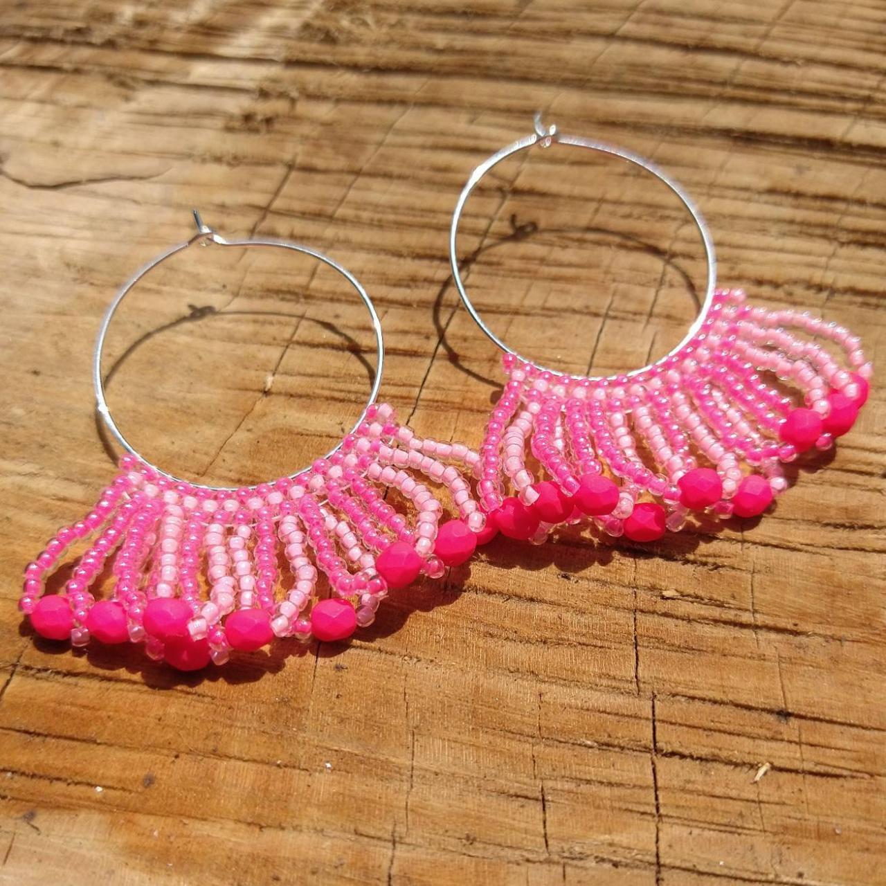 Beaded Tassle Earrings Pink Earrings Beaded Hoop Earrings Boho Chic Earrings Neon Earrings Statement Earrings Seed Bead Jewelry Aesthetic