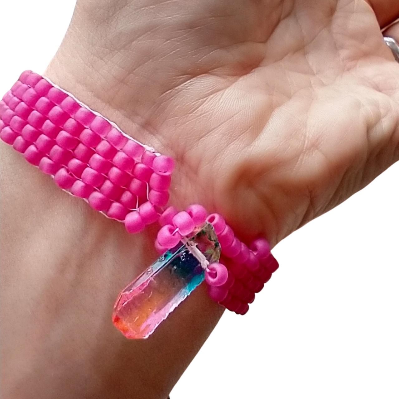 crystal beaded bracelet loom beaded bracelet bracelet made on bead loom pink bracelet beaded bracelet quartz boho bracelet
