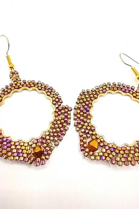 beaded geometric earrings iridescent gold beads circle beaded boho earring geometric boho aesthetic hypoallergenic stainless steel hooks