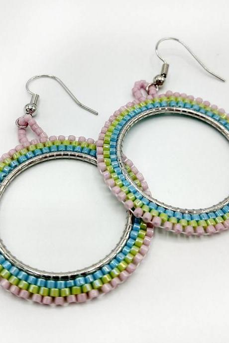 Beaded hoop earrings spring colors neon blue chartreuse rose pink statement earrings beaded earrings beaded jewelry boho earrings aesthetic