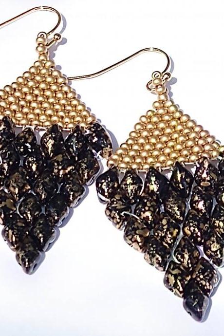 Black and gold earrings beaded earrings beaded tassle earrings gold earrings black earrings Czech glass beads seed bead jewelry elegant