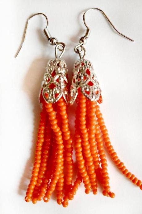 Tassel earrings beaded tassel earrings beaded earrings orange tassel earrings orange beaded earrings seed bead tassel earrings
