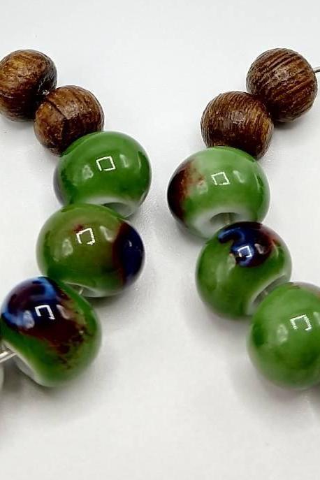 Porcelain bead earrings beaded hoop earrings green beaded hoops wooden bead hoops wooden earrings hoop earrings chunky beaded hoops boho