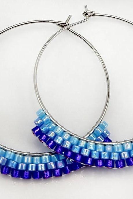 Beaded hoop earrings hoops hoop earrings beaded hoops blue beaded hoops stainless steel earrings seed bead jewelry seed bead earrings boho