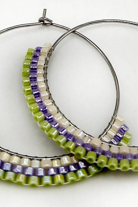 Beaded hoop earrings hoop earrings beaded earrings stainless steel earrings chartreuse purple cream seed bead jewelry beaded jewelry boho