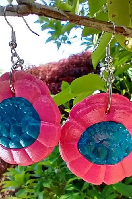 Flower earrings floral earrings botanical earrings polymer clay clay earrings pink and blue boho chic colorful earrings aesthetic earrings