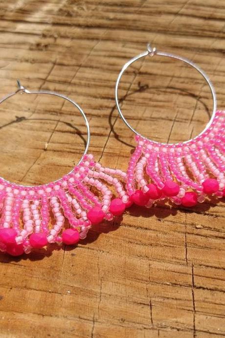 Beaded Tassle Earrings Pink Earrings Beaded Hoop Earrings Boho Chic Earrings Neon Earrings Statement Earrings Seed Bead Jewelry Aesthetic