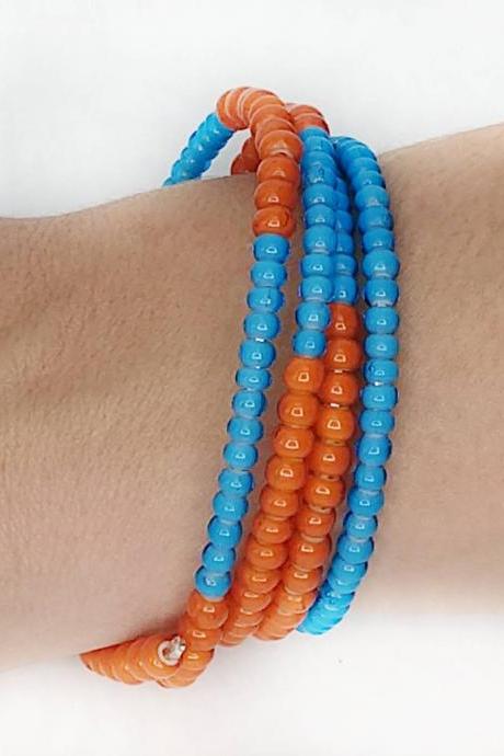 Blue orange memory wire bracelet glass beads silver plated memory wire large memory wire bracelet silver bracelet beaded bracelet