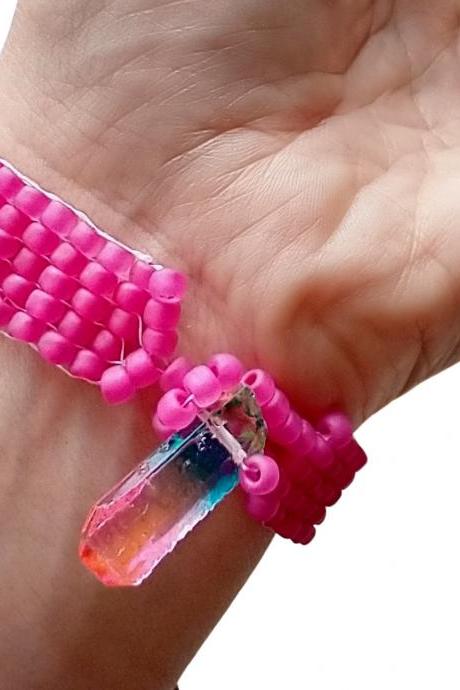 Crystal Beaded Bracelet Loom Beaded Bracelet Bracelet Made On Bead Loom Pink Bracelet Beaded Bracelet Quartz Boho Bracelet