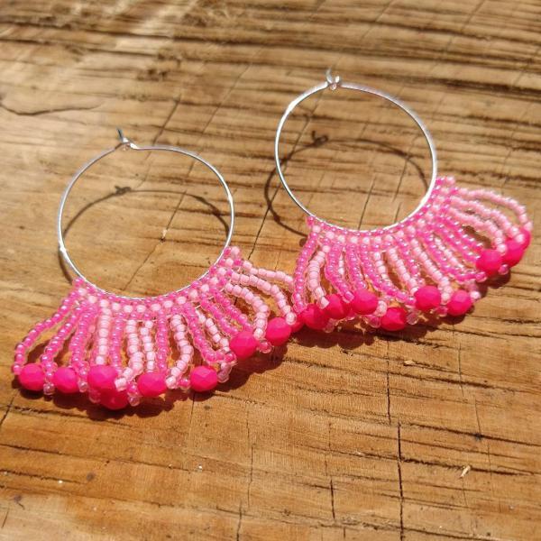 Beaded tassle earrings pink earrings beaded hoop earrings boho chic earrings neon earrings statement earrings seed bead jewelry aesthetic